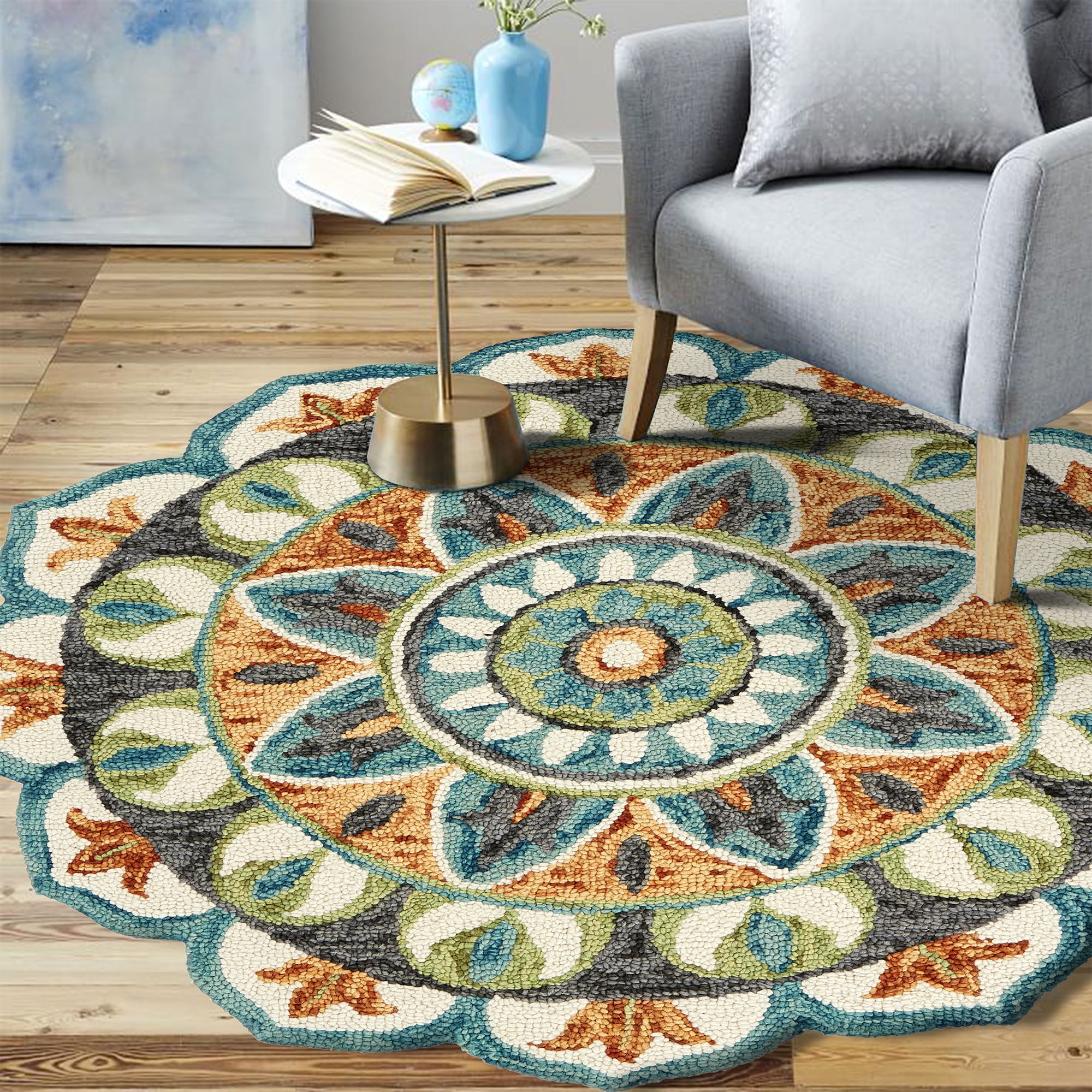 Blitz 5' Round Ivory Wool Floral Medallion Area Rug