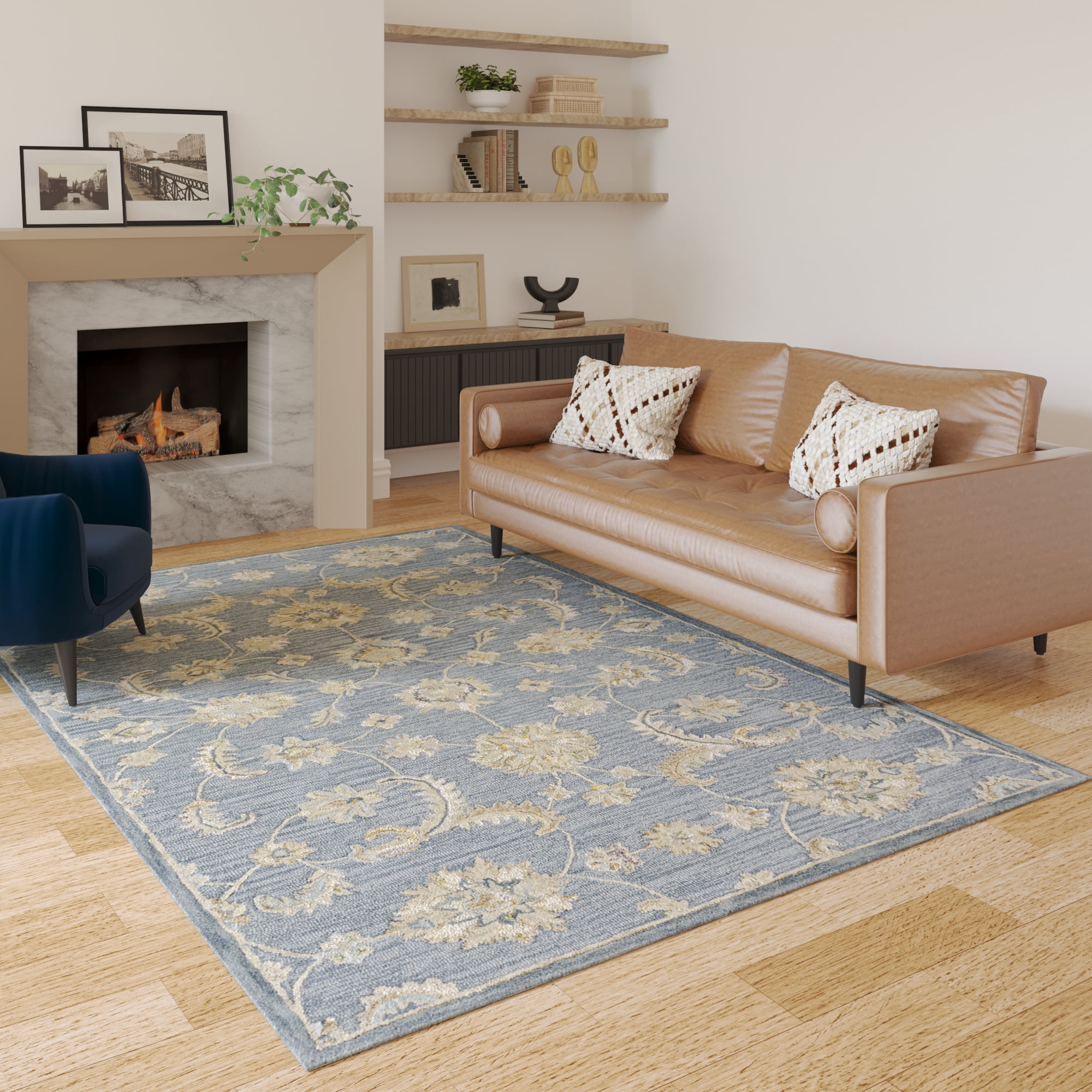 Ox Bay Elaine Floral Classic Hand-Tufted Wool Indoor Area Rug, Stone Blue/Beige, 7'9" x 9'9"