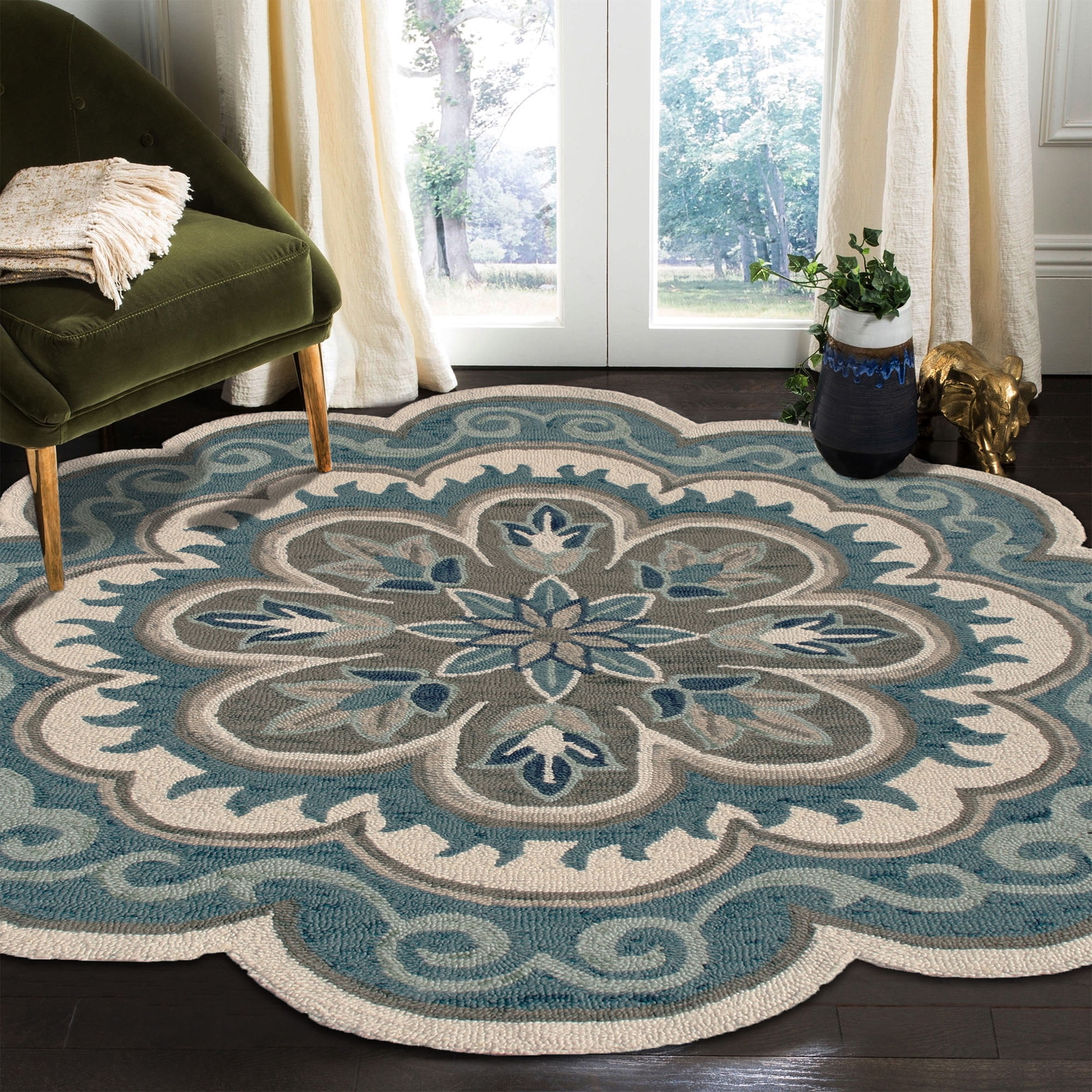 Ox Bay Elena 4' Round Blue/Gray Floral Medallion Indoor Area Rug ...
