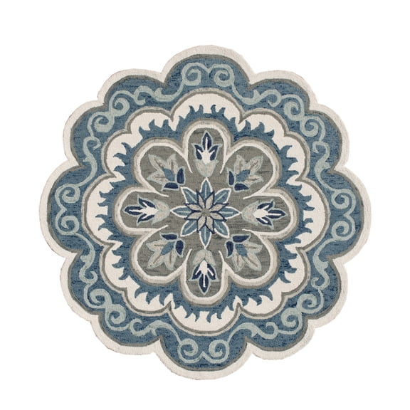 Ox Bay Elena 4' Round Blue/Gray Floral Medallion Indoor Area Rug