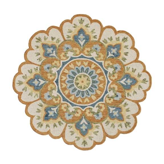 Laddha Home Designs 4' Hand Tufted Round Medallion Wool Area Throw Rug - Orange and Blue