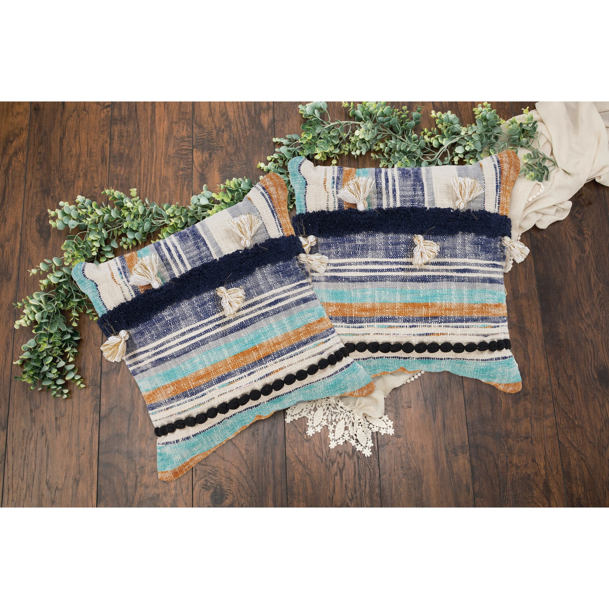 Laddha Home Designs Handwoven Coastal Geometric Striped Square Throw Pillows - 18" - Blue and Tan -