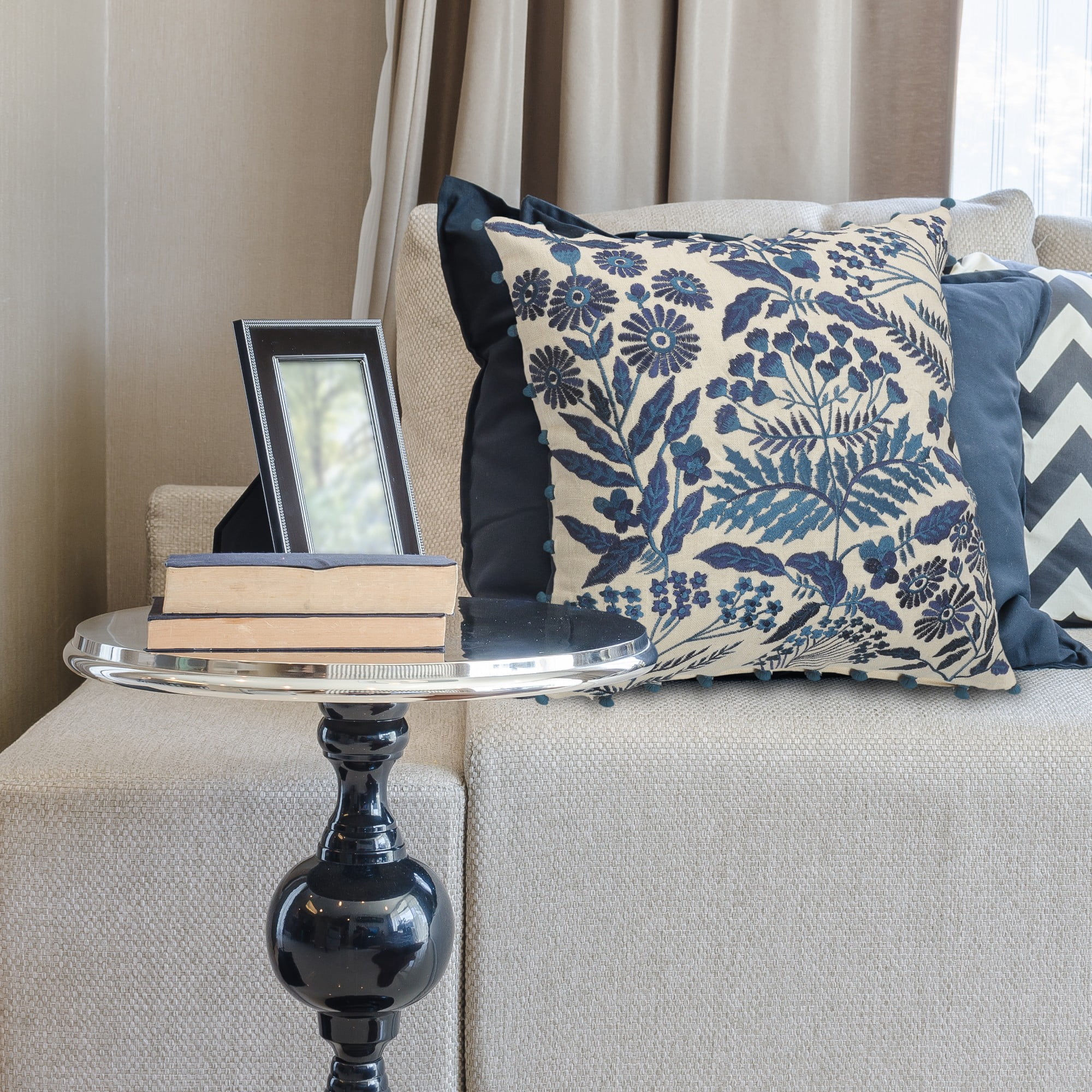 Laddha Home Designs Hand Stitched Botanical Cotton Throw Pillow Cover - 20" - White and Blue