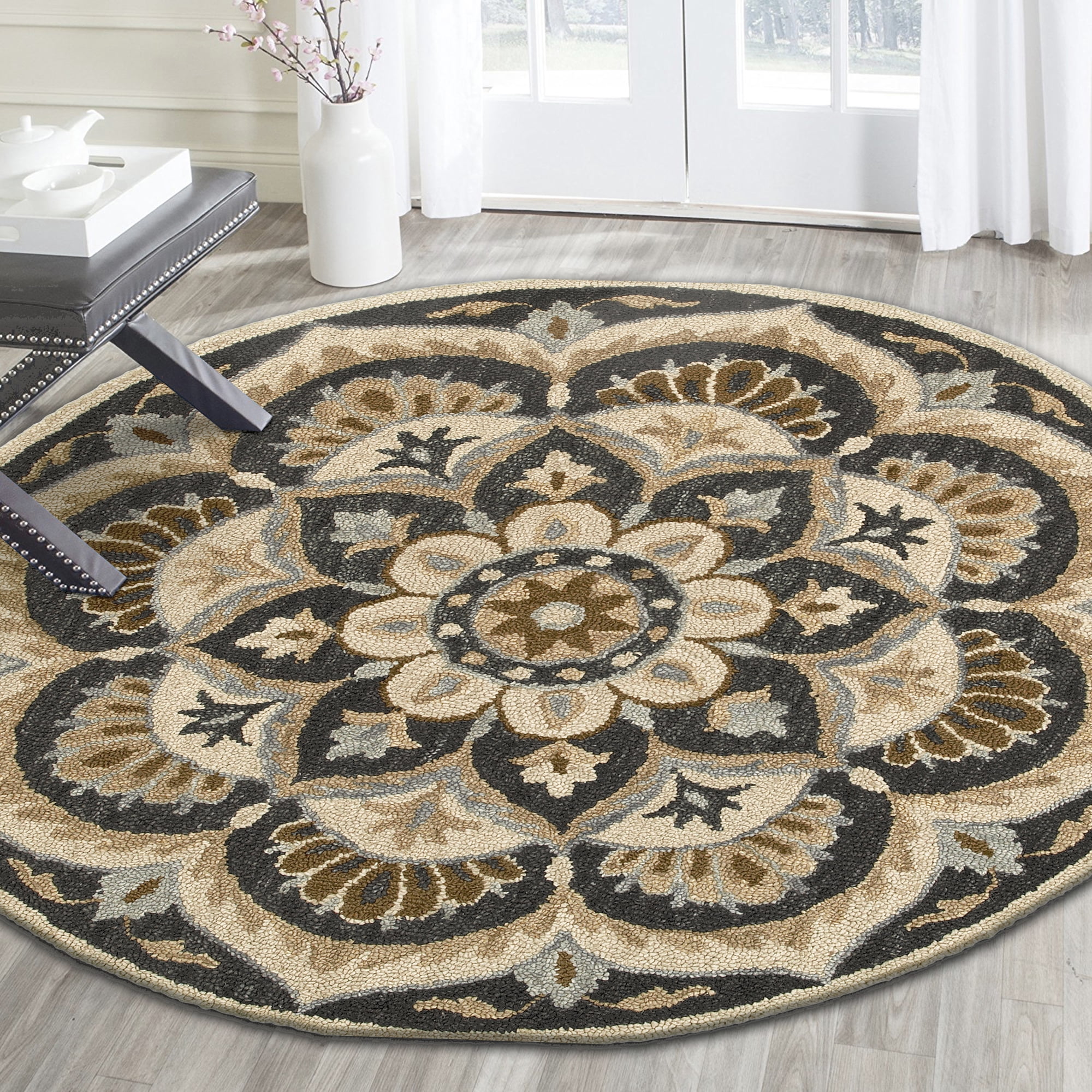 Ox Bay Ella 4' Round Black Floral Medallion Indoor Area Rug