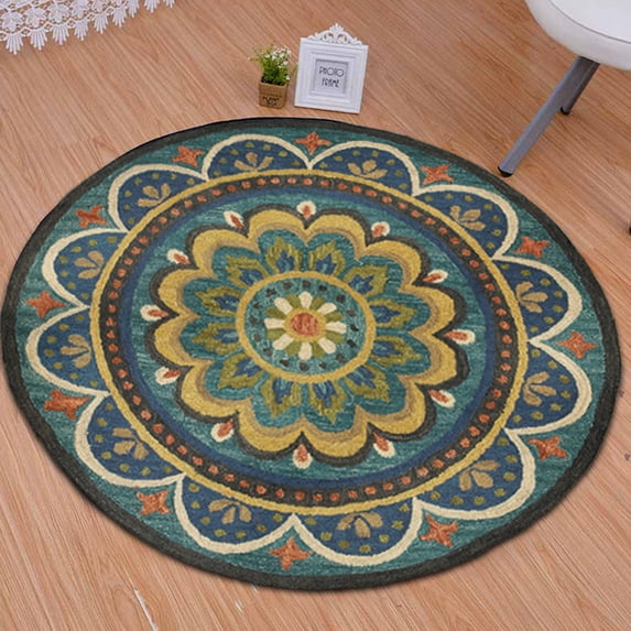 Ox Bay Ella 4' Round Blue Floral Medallion Indoor Area Rug