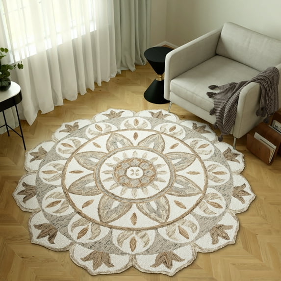Ox Bay Ella 5' Round Ivory/Beige Floral Wool Indoor Area Rug