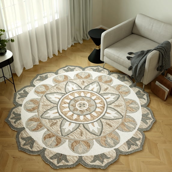 Ox Bay Ella 5' Round Silver Gray/Ivory Floral Wool Indoor Area Rug