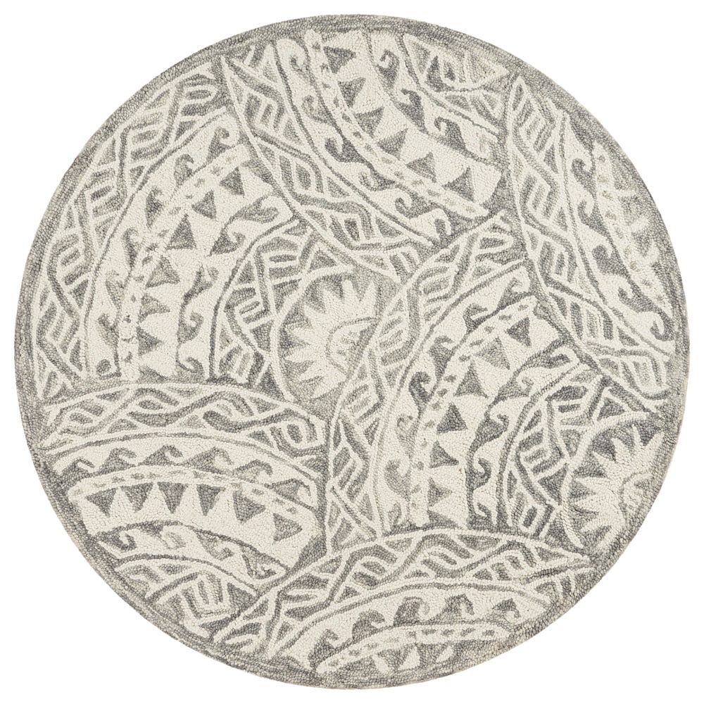 Ivory and Gray Geometric Tufted Wool Round Rug, 6 Feet