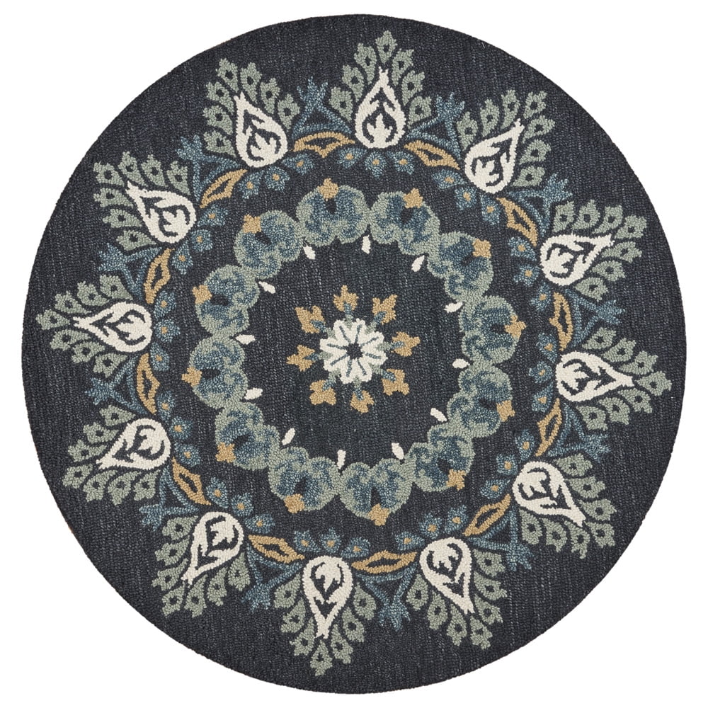 Handmade Gray Floral Wool Round Area Rug, 4 Feet
