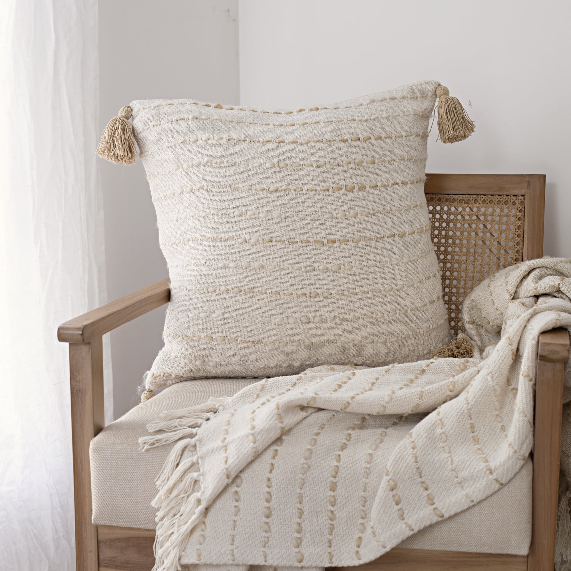 Ox Bay Emma 20" x 20" White/Beige Striped Cotton Blend Adult Decorative Throw Pillow Cover