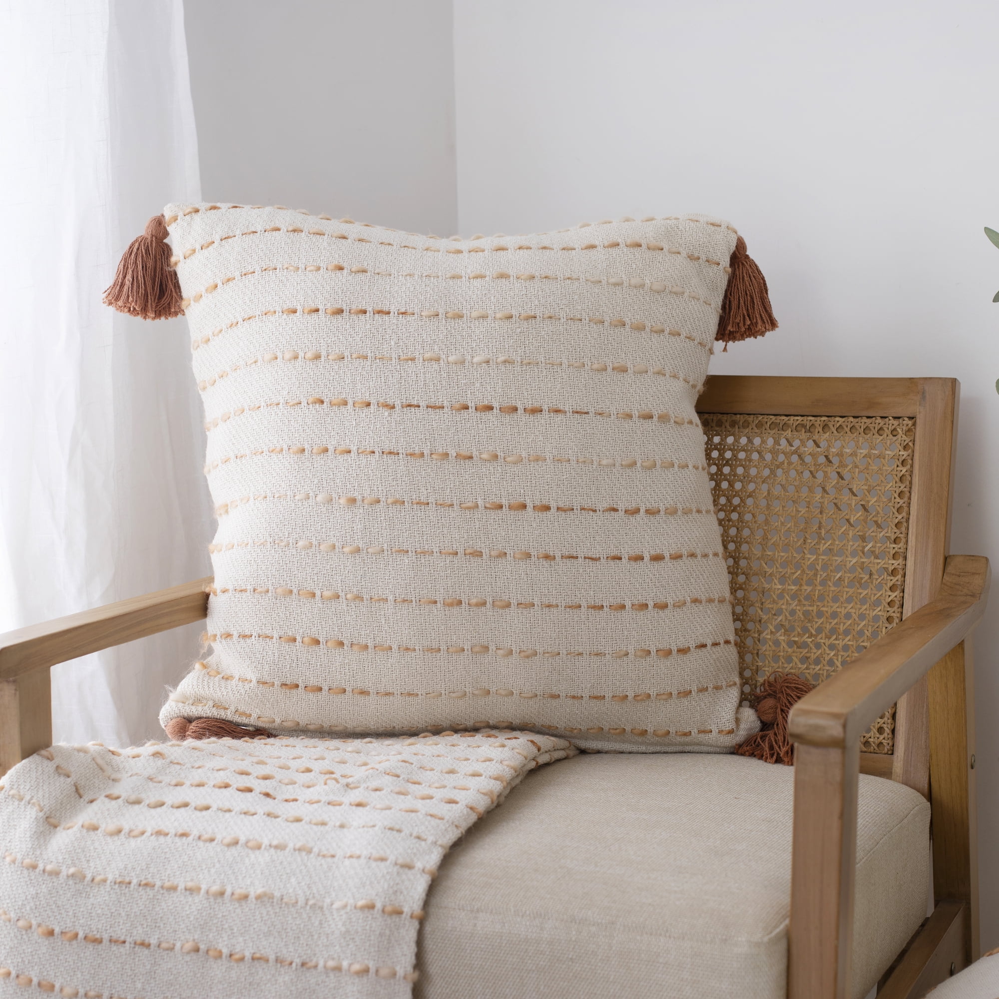 Ox Bay Emma 20" x 20" White/Brown Striped Cotton Blend Adult Decorative Throw Pillow Cover