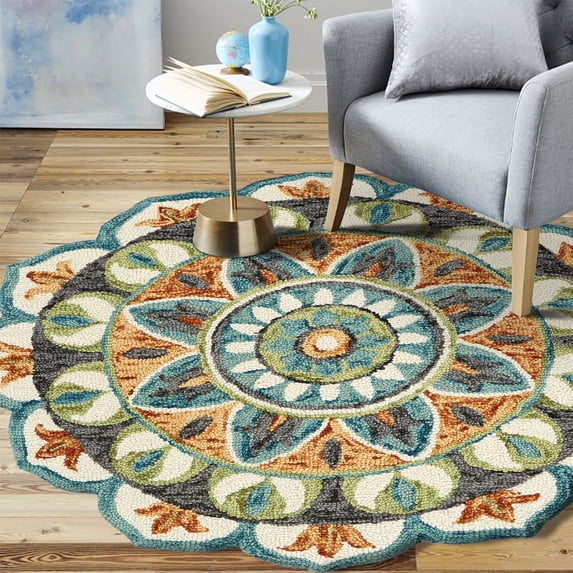 Ox Bay Enid 5' Round Rust /Teal Floral Medallion Indoor Area Rug