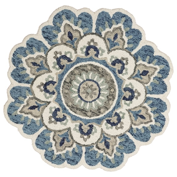 Ox Bay Erica 4' Round Ivory/Teal Floral Medallion Indoor Area Rug