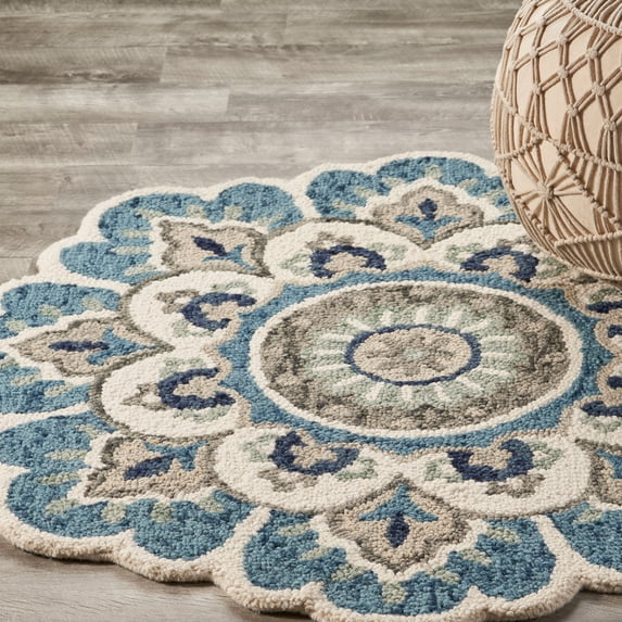 Ox Bay Erica 5' Round Ivory/Teal Floral Medallion Indoor Area Rug