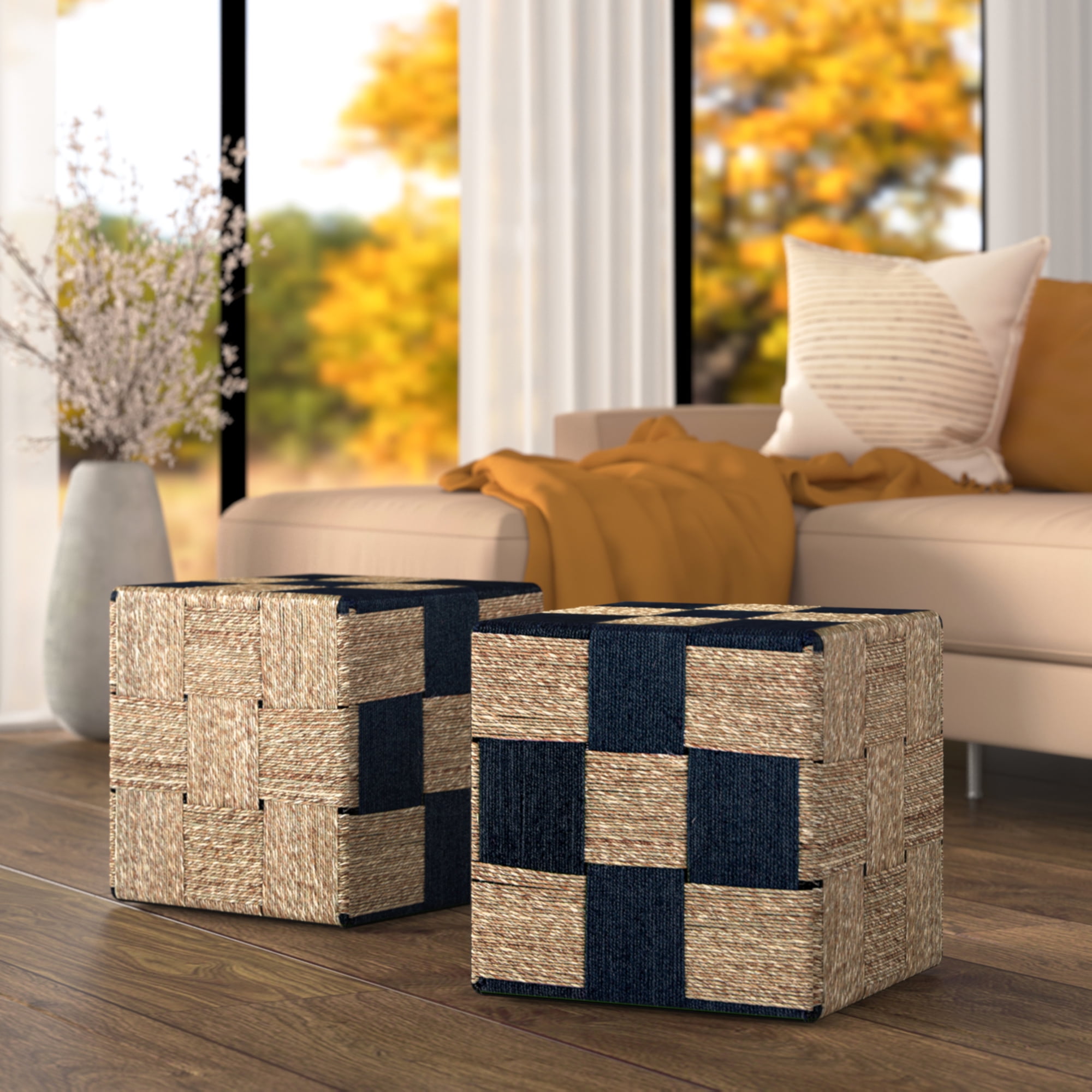 Ox Bay Eros Transitional Wrought Iron Hand Made Indoor Square Stool, Blue/Natural, 17" W x 17" D x 18" H