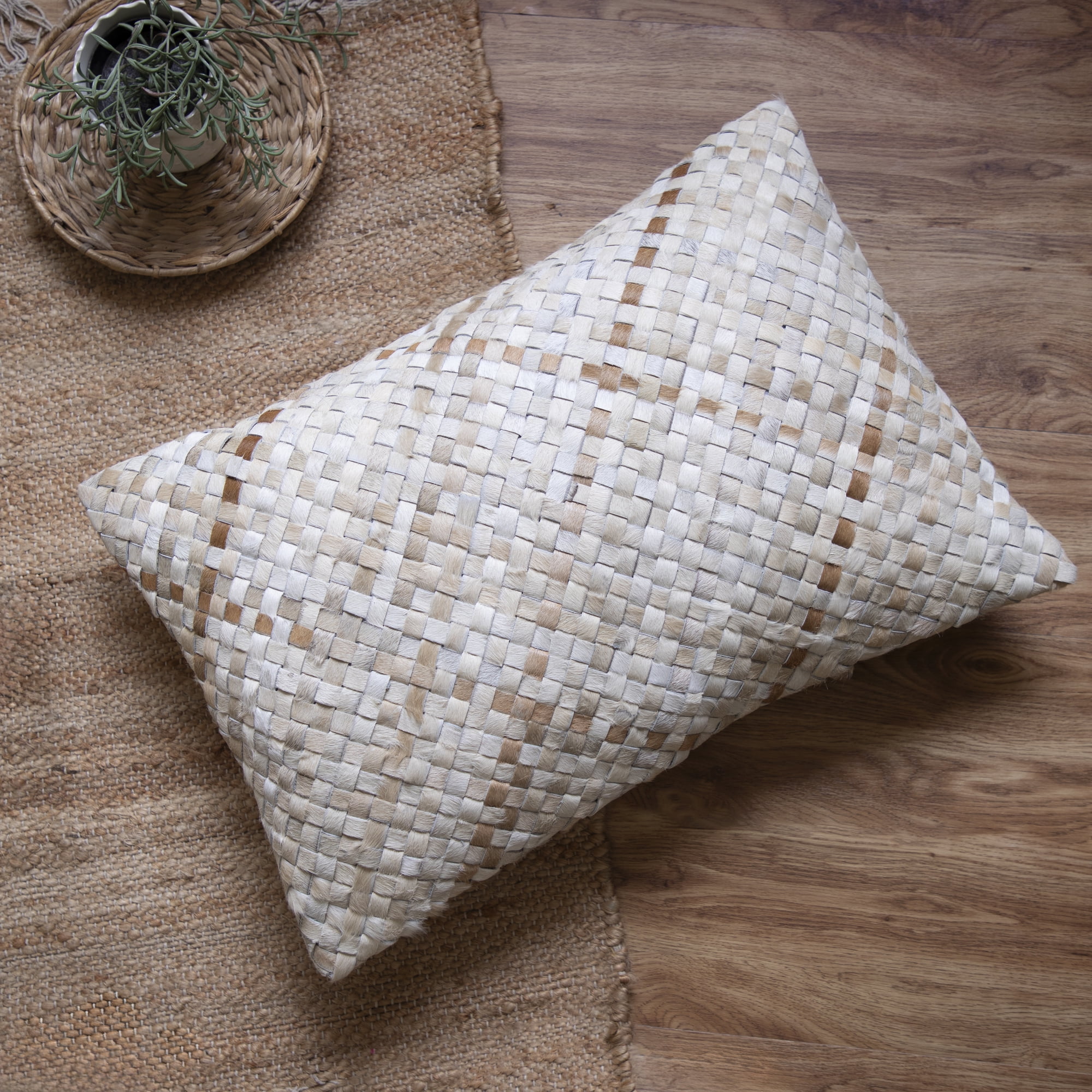 Ox Bay Esme Checkered Transitional Faux Leather Hand Woven Lumbar Pillow, Ivory/Brown, 16" x 24"