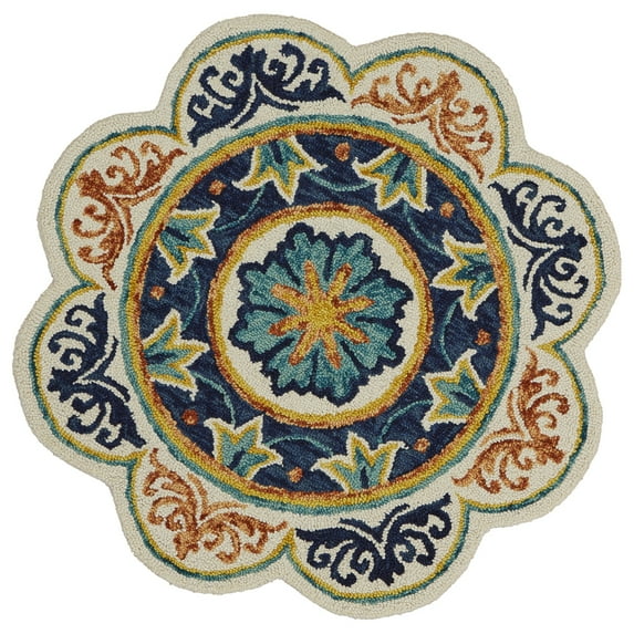 Ox Bay Etta 4' Round Ivory/Blue Floral Medallion Indoor Area Rug