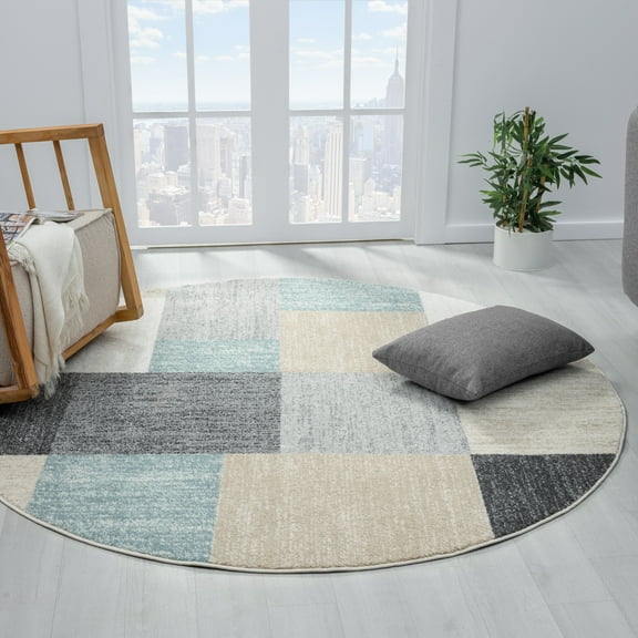 Ox Bay Evan 6' Round Indoor Area Rug – Beige & Blue Patchwork Pattern, Durable Performance Round Rug