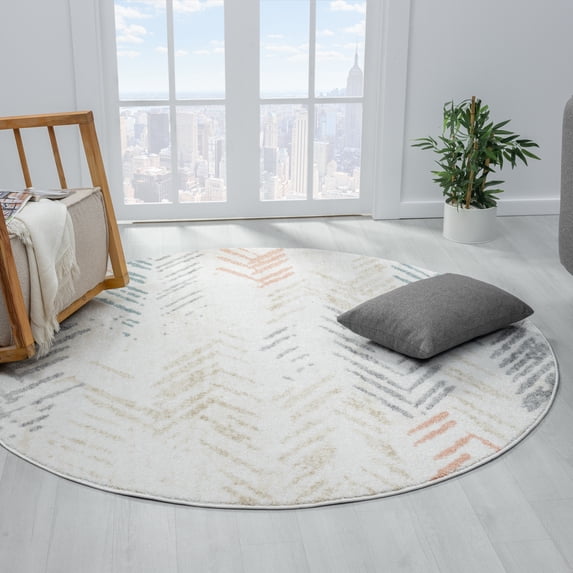 Ox Bay Evan 6' Round Indoor Area Rug – Ivory & Multicolor Arrow Stripe Pattern, Durable Performance Round Rug