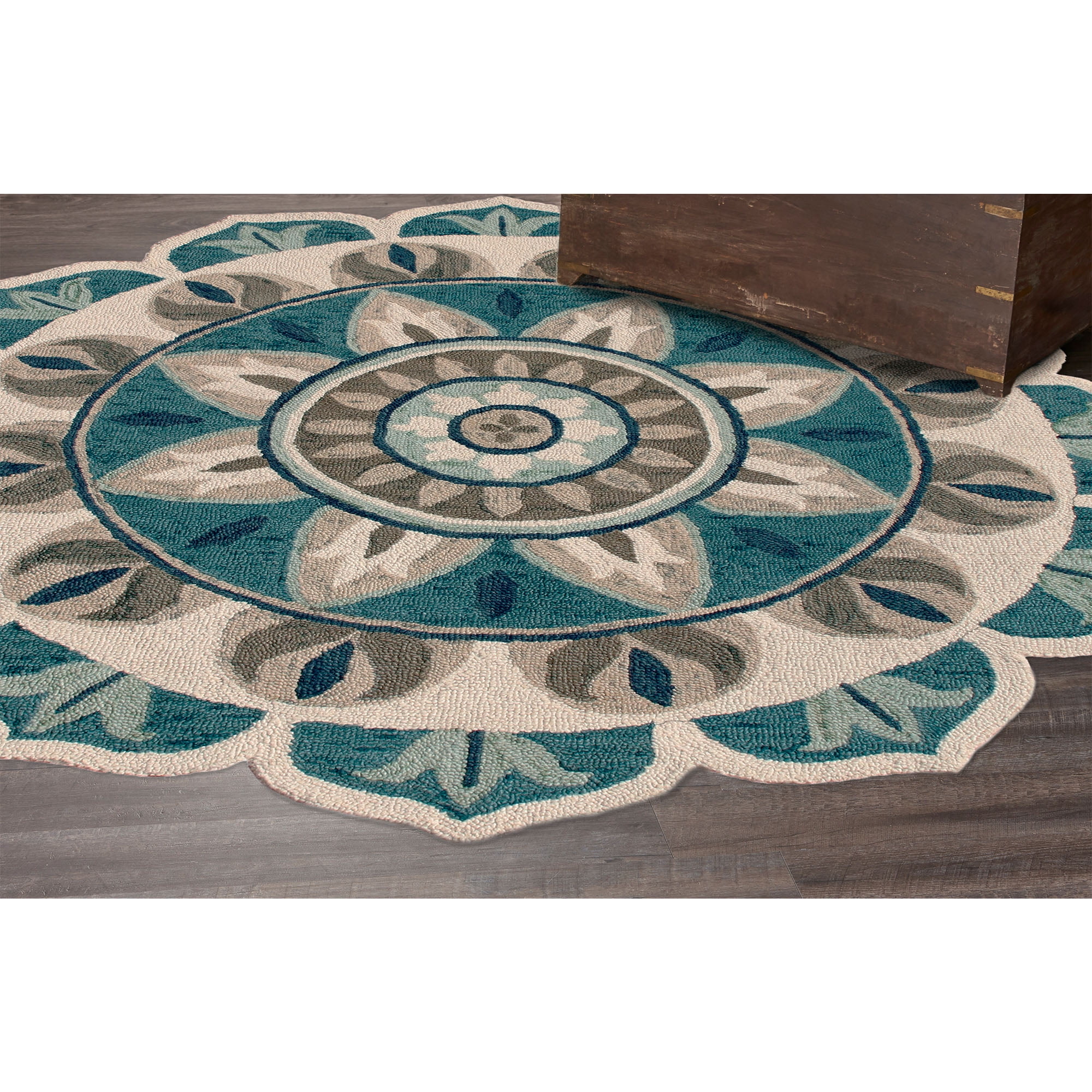 Ox Bay Evie 4' Round Aqua Blue/Gray Floral Medallion Indoor Area Rug