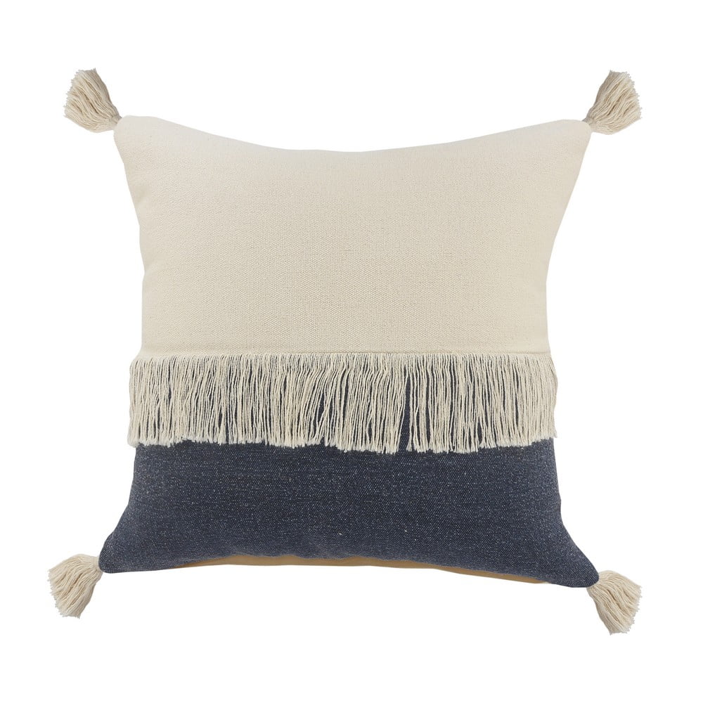 Denim Blue and Off-White Cotton Color Block Square Throw Pillow, 20" x 20"