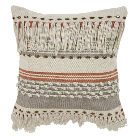 Ox Bay Qasim 18" x 18" Beige/Orange Fringe Striped Cotton Adult Decorative Throw Pillow
