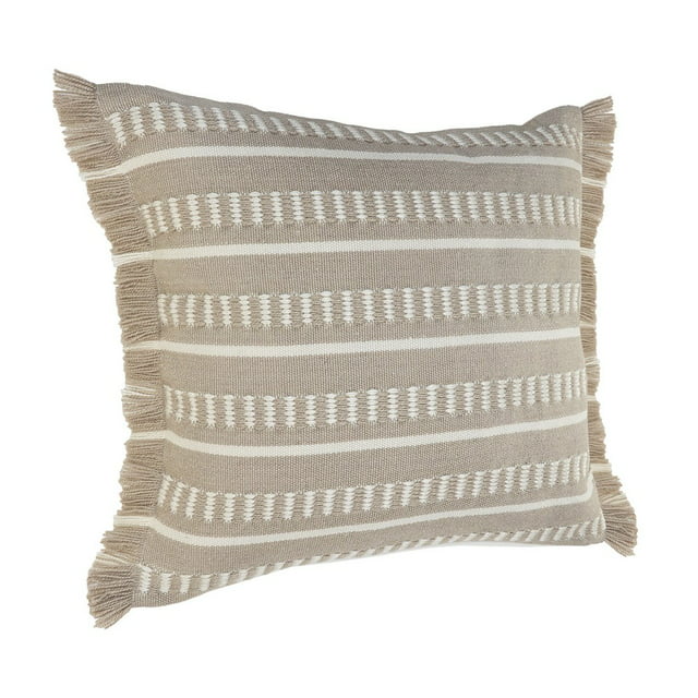 Ox Bay Fringe Striped Indoor Outdoor Oversized Throw Pillow, 24" Square, Taupe / White, Count per Pack 1
