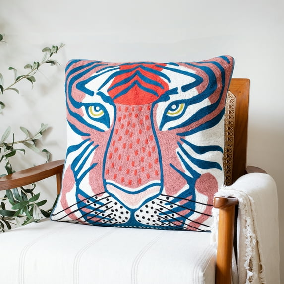 Ox Bay Gadish Animal Transitional Cotton Hand Woven Throw Pillow, Coral Red/Ensign Blue, 20" x 20"