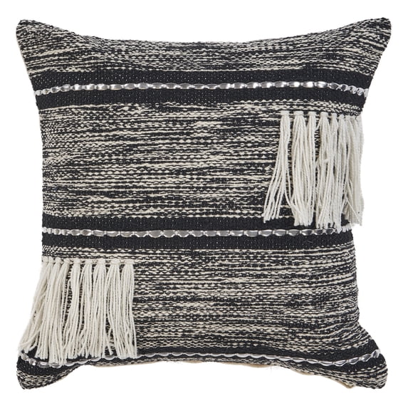 Ox Bay Faith 18" x 18" Black and Silver Metallic Stripes with Ivory Fringe Cotton Adult Decorative Throw Pillow