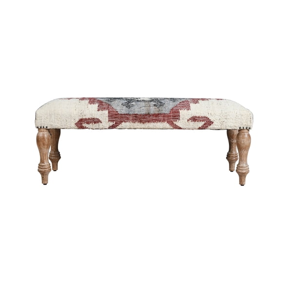 Ox Bay Hadley 47" Upholstered Indoor Accent Bench, Ivory/Red Kilim