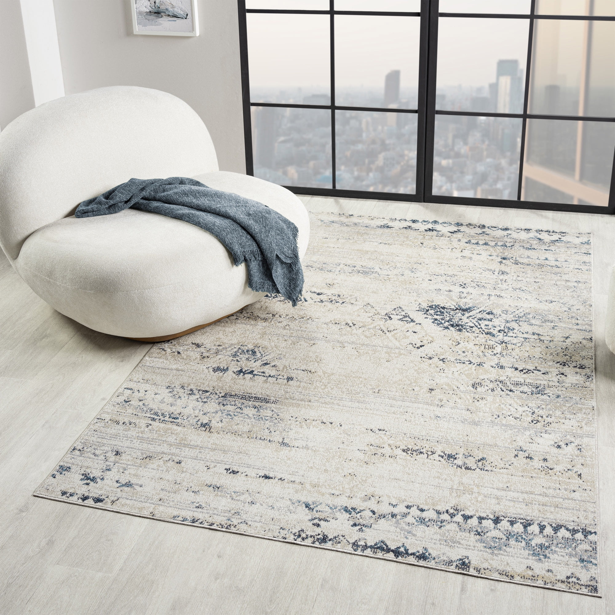 Ox Bay Han 2' x 3' Ivory/Blue Geometric Machine Washable Indoor Area Rug