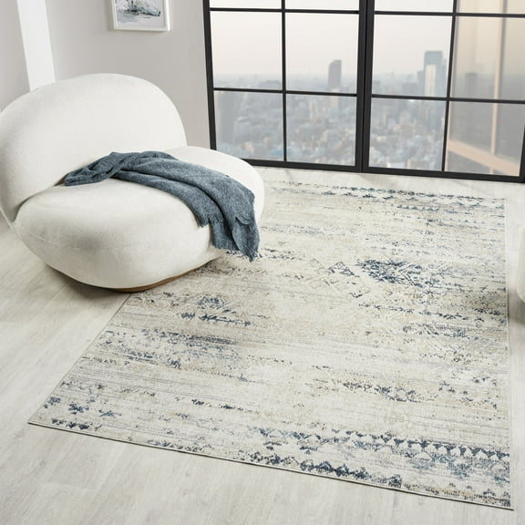 Ox Bay Han 2' x 3' Ivory/Blue Geometric Machine Washable Indoor Area Rug