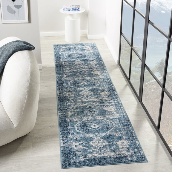 Ox Bay Han 2' x 8' Blue/Ivory Medallion Machine Washable Indoor Runner Area Rug