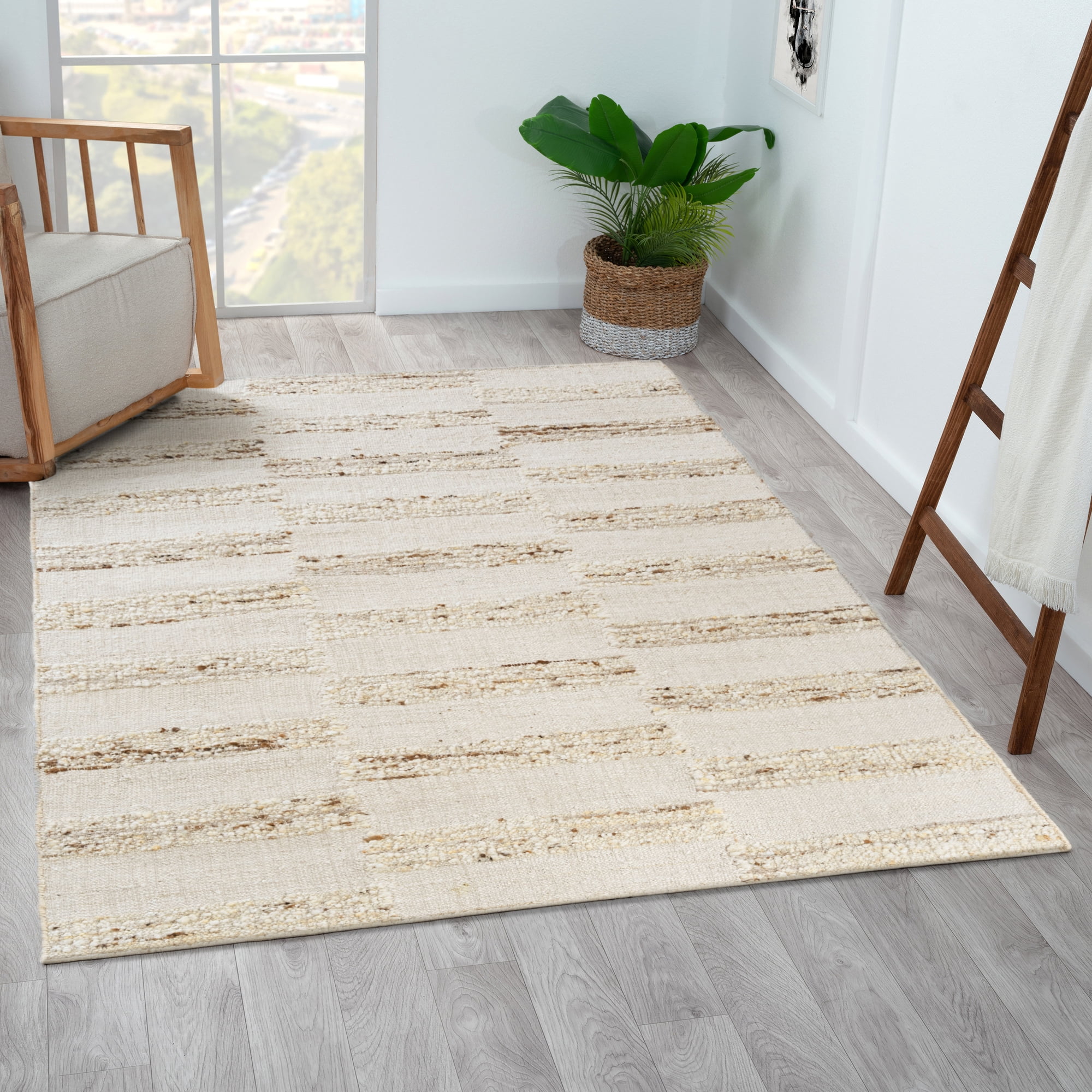 Ox Bay Hayden Checkered Farmhouse Wool Hand-Woven Indoor Runner Rug, Ivory/Natural, 2'6" x 8'