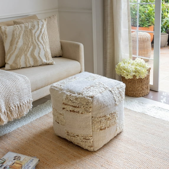 Ox Bay Hayden Square Ivory/Natural Checkered Indoor Pouf Ottoman, 18"H x 18"W