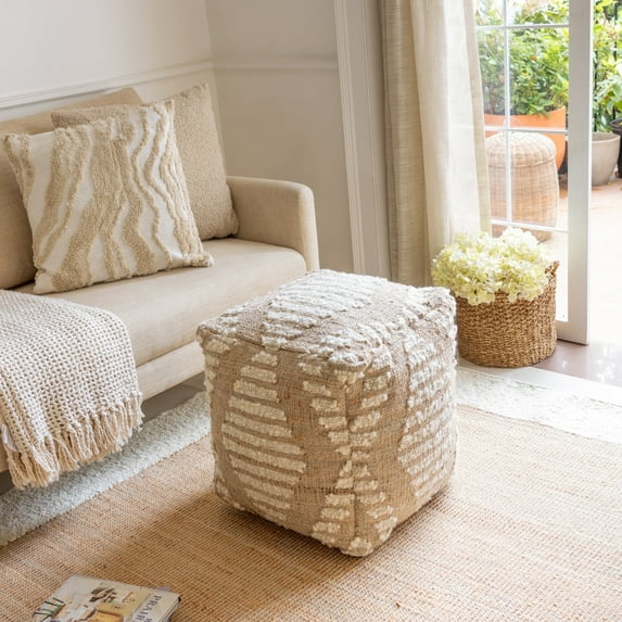 Ox Bay Hayden Square Natural/Ivory Diamond Indoor Pouf Ottoman, 18"H x 18"W