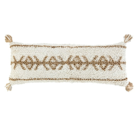 Ox Bay Indoor Boho Geometric Jute Lumbar Throw Pillow, White / Beige, 14" x 36"
