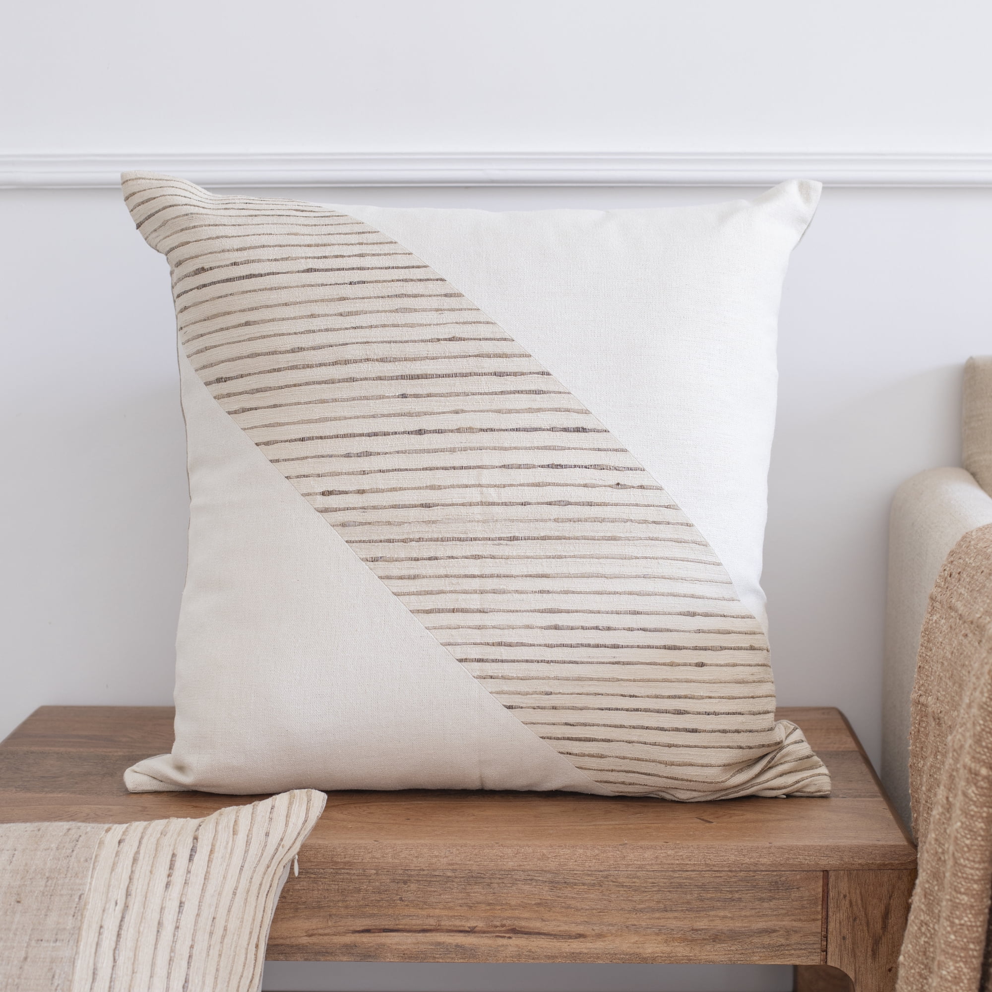 Ox Bay Ines Geometric Modern Silk Hand Woven Throw Pillow, White/Beige, 24" x 24"