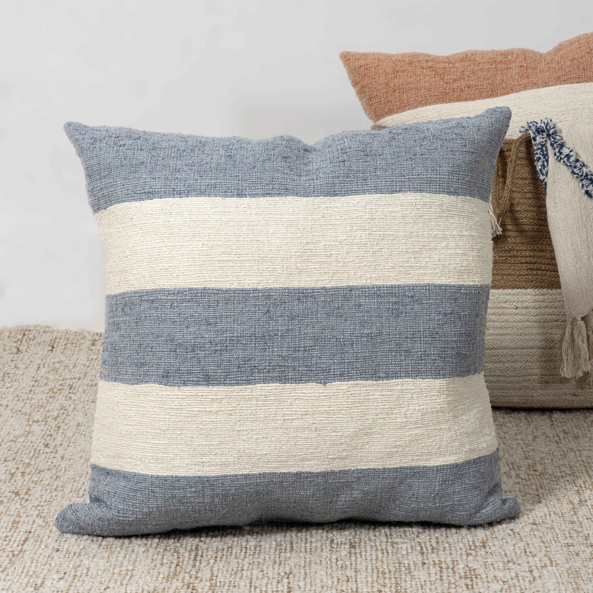 Harlow Hill Irving 24" x 24" Striped Linen Blend Adult Decorative Throw Pillow Cover, Blue/Ivory