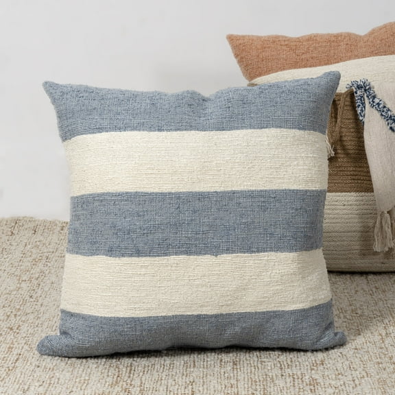 Ox Bay Irving 24" x 24" Blue/Ivory Striped Linen and Cotton Adult Decorative Throw Pillow
