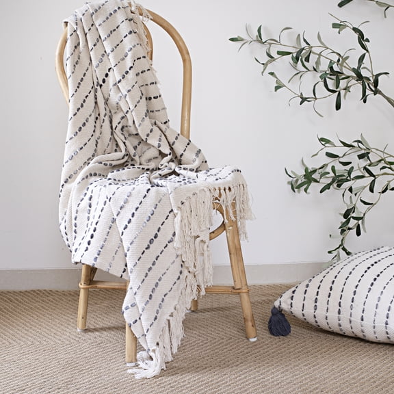 Ox Bay Ivory/Navy Blue Striped Fringe Lightweight Cotton Blend Throw Blanket, 50" x 60"