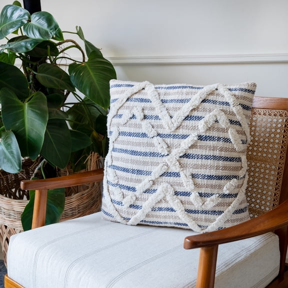 Laddha Home Designs Handwoven Over Tufted Diamond Cotton Throw Pillow Cover - 18" - Blue and Tan