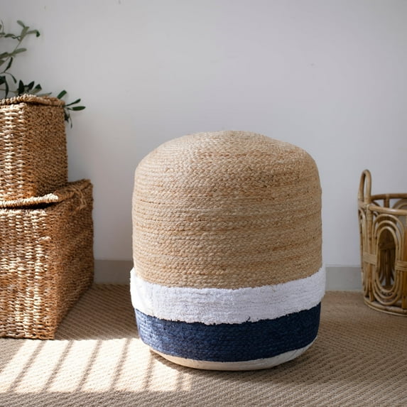 Ox Bay Julian Round Natural/Navy Striped Indoor Pouf Ottoman, 18"H x 18"W