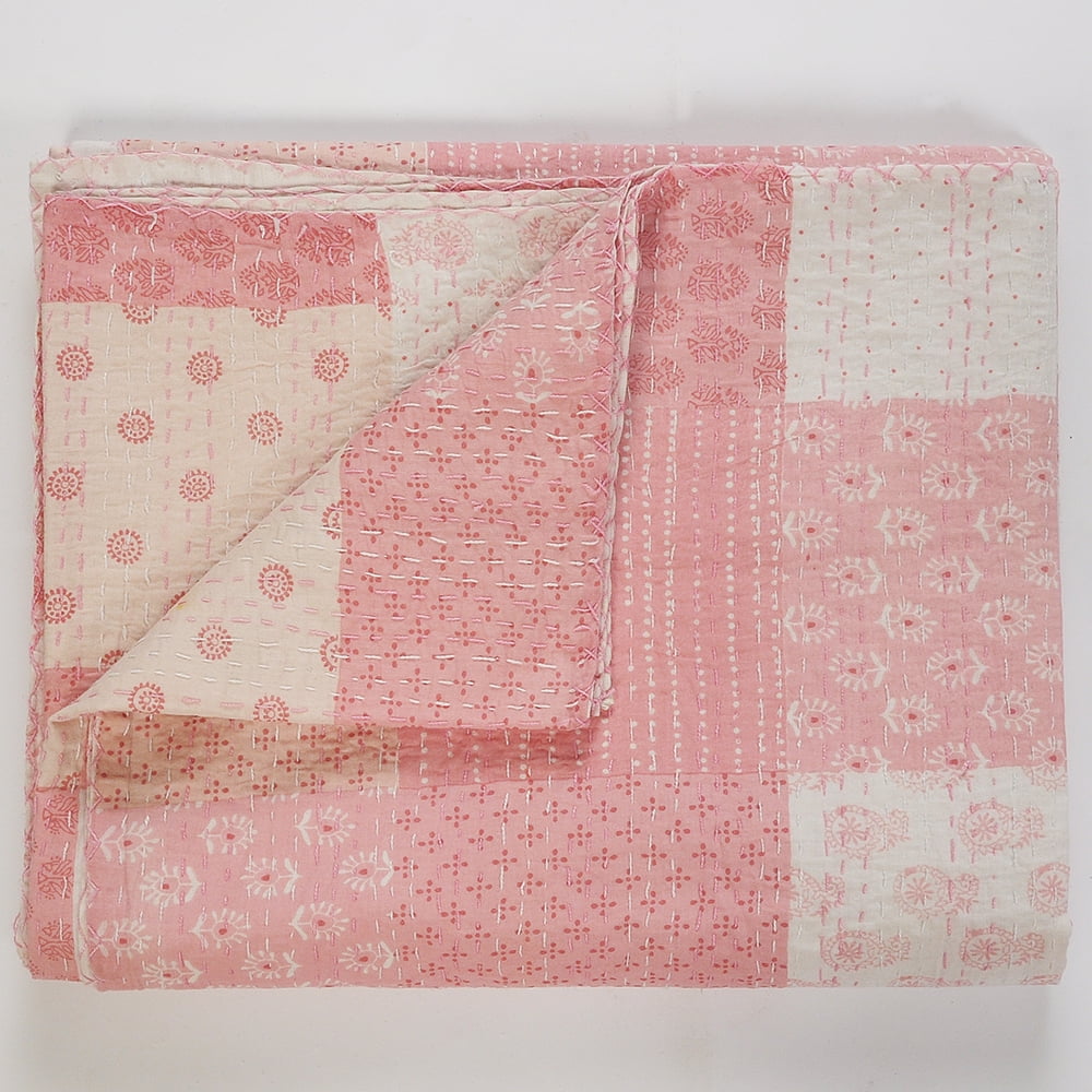 Light Pink Cotton Patchwork Kantha Throw Blanket, 50" x 70"