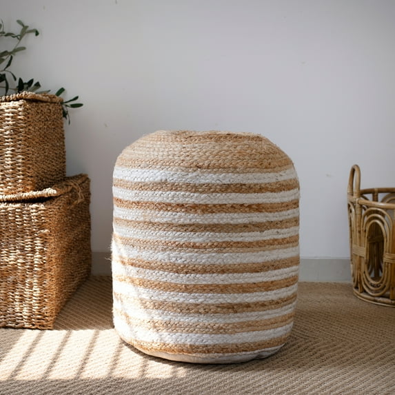 Ox Bay Lev Striped Farmhouse Jute Hand-Woven Indoor Ottoman Pouf, Natural/White, 18" x 18" x 18"