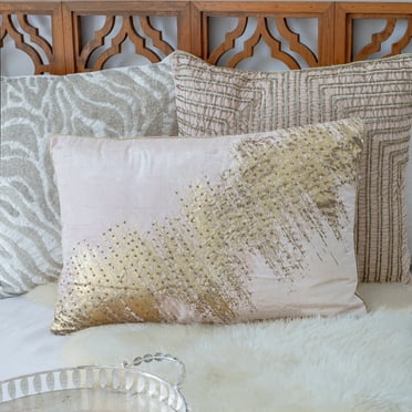Ox Bay Mabel Abstract Glam Polyester Hand Woven Lumbar Pillow, Gold/Blush Pink, 16" x 24"