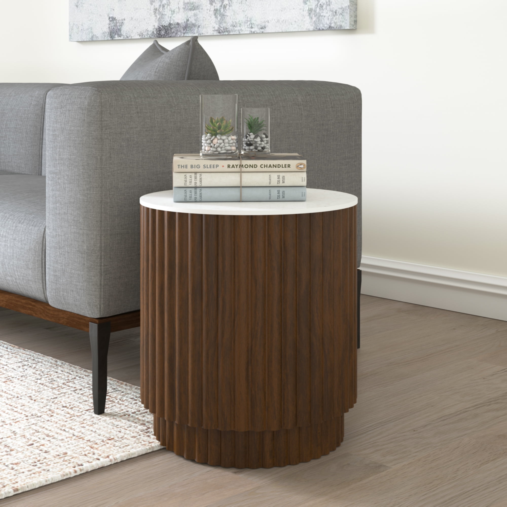 Ox Bay Milan Modern Hard Wood Hand Made Indoor Round Side Table, Brown/White, 22" Diameter x 24" H