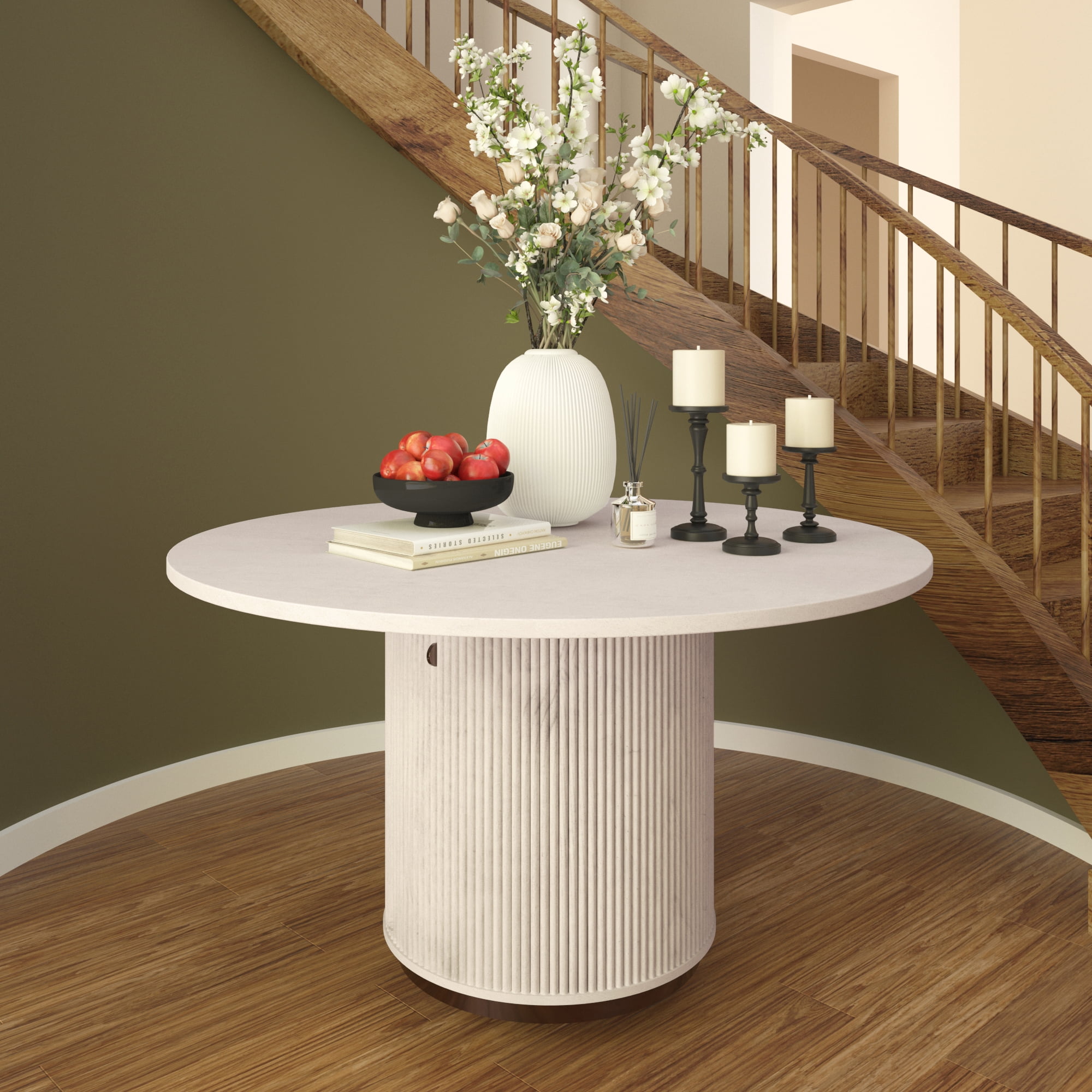 Ox Bay Natalia Fluted Wood Round Dining Table with Storage, White