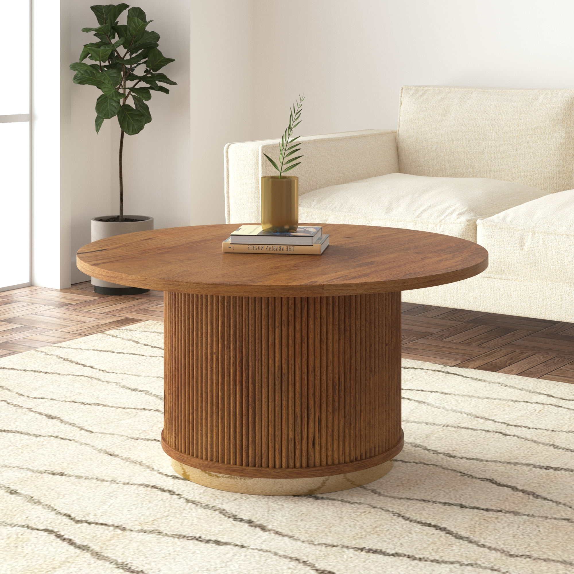 Ox Bay Natalia Mid-Century Storage Chestnut Finish Round Coffee Table