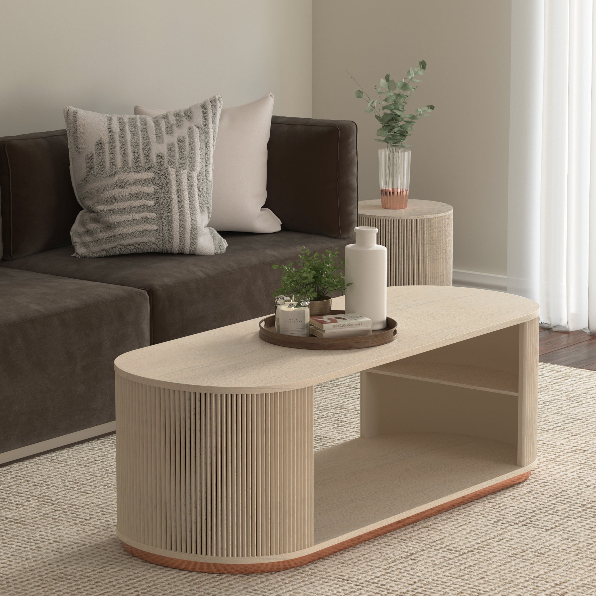 Ox Bay Natalia Mid-Century White Wood Oval Storage Coffee Table